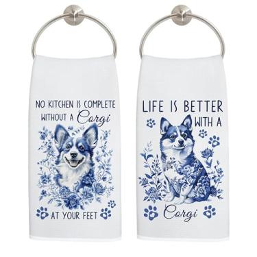 Imagem de LADOCK Chinoiserie Corgi Toalhas de cozinha para cães, presentes Corgi para mulheres, toalhas de mão decorativas, prato de cachorro floral azul e branco para decoração de cozinha, 40,6 x 61 cm