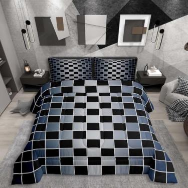Imagem de Erosebridal Jogo de cama King xadrez preto, azul-marinho, cinza, ombré, para adultos, homens, mulheres, xadrez, buffalo, xadrez, edredom, edredom