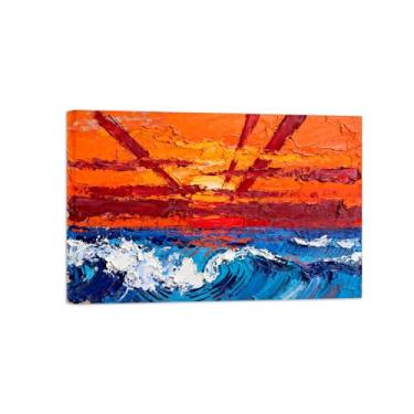 Imagem de Pintura abstrata texturizada sol ondas mar praia Impressão em tela paisagem azul laranja decoração moderna 60x90cm24x35in