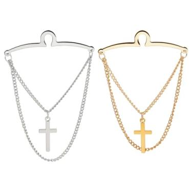 Imagem de PH PandaHall 2 peças de corrente de gravata masculina, 2 cores de latão com pingentes cruzados, corrente de gravata cruzada, acessórios de joias para ternos, casamento, reuniões de negócios, decoração