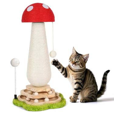 Imagem de Poste arranhador para gatos, arranhador de gato cogumelo com bola interativa, bola de mola, brinquedos para gatos