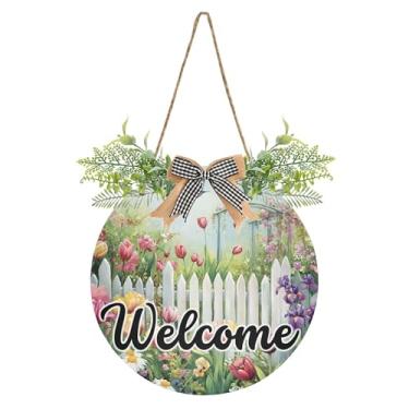 Imagem de SEHANY Placa de boas-vindas com flores de jardim, decoração de porta da frente, guirlanda de boas-vindas redonda para decoração de casa de fazenda, varanda, pátio, 30 x 30 cm