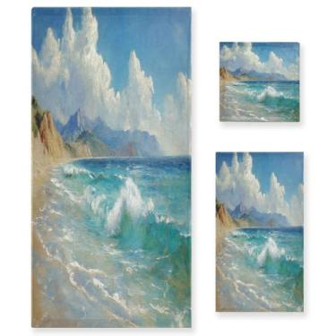 Imagem de Blueangle Conjunto de toalhas de pintura a óleo do oceano tropical - 3 peças de toalhas de banheiro macias absorventes para spa e decoração de casa (inclui banho, toalha de mão e toalha) #312