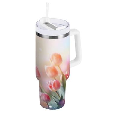 Imagem de Kigai Lindo copo de tulipa primavera de 850 g com tampa e canudo, copo isolado de aço inoxidável durável à prova de vazamento com alça, garrafas de água à prova de derramamento para viagens