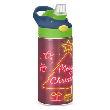 Imagem de YETTASBIN Garrafa de água de árvore de Natal para crianças, 340 g, à prova de vazamento, parede dupla, isolada, garrafa de água de aço inoxidável, copo de viagem com tampa de canudo para meninas