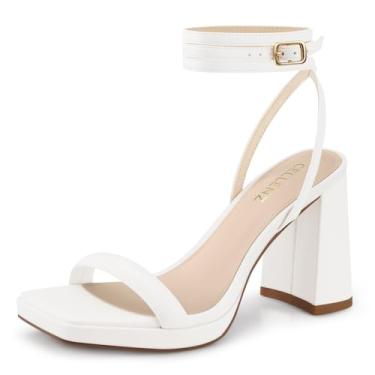 Imagem de CELLENZ Saltos plataforma grossos femininos: salto alto de 9 cm, festa, baile, sandálias quadradas de salto aberto, sapatos de casamento elegantes e sexy com tiras, 12 PU branco, 37
