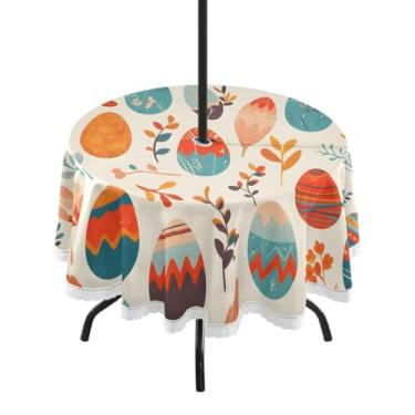 Imagem de CEBUGI Toalha de mesa redonda para uso ao ar livre, ovos de Páscoa, impermeável, com orifício Umberlla, capa de mesa lavável para pátio, cozinha, sala de jantar, 152 cm