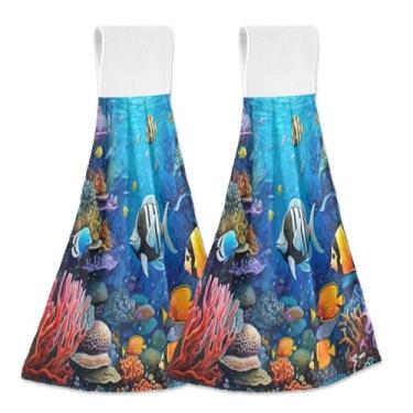 Imagem de Wassud Toalhas de mão penduradas de cozinha, pacote com 2, toalhas de banheiro coloridas super macias de recife de peixe com laços de adesivo mágico, toalha de secagem rápida altamente absorvente para