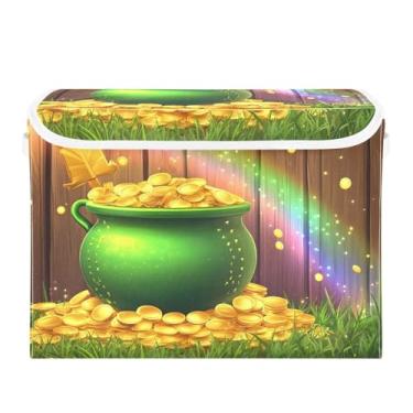 Imagem de Wassud Cestas de armazenamento de Natal com tampas Dia de São Patrício moedas trevo caixas dobráveis de tecido empilhável cestas de linho organizador de armário recipiente 42 x 32 x 30 cm