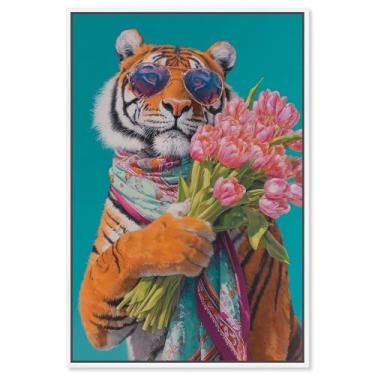 Imagem de Arte de parede glamorosa de animais de estimação com estampa de tigre com buquê por Art Remedy, moldura branca, 40 x 61 cm