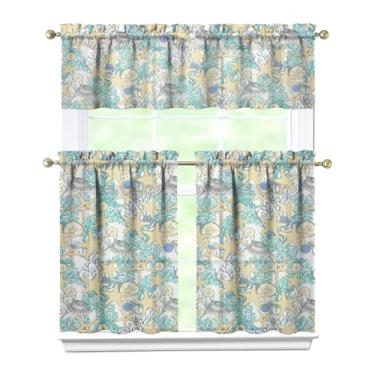Imagem de Tapesb Conjunto de cortina e saia de cozinha estrela do mar com 3 peças engraçadas pequenas cortinas de janela sobre a pia essenciais para decoração de cozinha, quarto, lavanderia, 70 x 91 cm