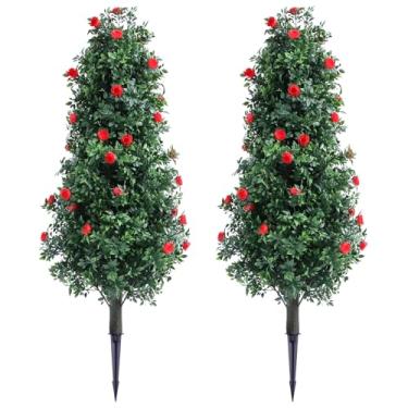 Imagem de Conjunto de 2 árvores de bola de topiaria artificial com espigão no solo, plantas artificiais de 81 cm, arbustos falsos, realistas, decorações para ambientes externos e internos (rosa, 81 cm)