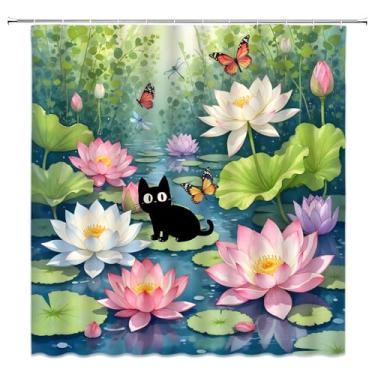Imagem de ASVEAS Cortina de chuveiro de gato preto, lótus, engraçado, animal, natureza, primavera, verão, tecido para decoração de banheiro, banheira com ganchos (177.8 cm WX70 H)