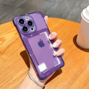 Imagem de HTVJFXCapa carteira transparente com compartimento para cartões para iPhone 16 Pro Max, borda reforçada e proteção contra impactos (Para iPhone 16 Pro Max/Roxo Escuro)