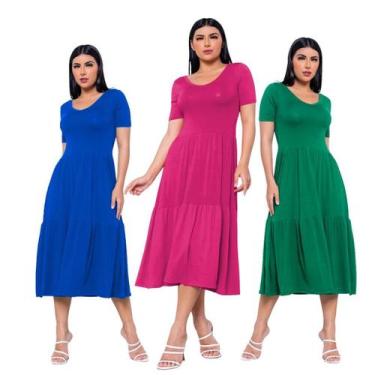 Imagem de Kit 3 Vestidos Midi Manga Curta Moda Evangélica - Gisele Freitas, Azul