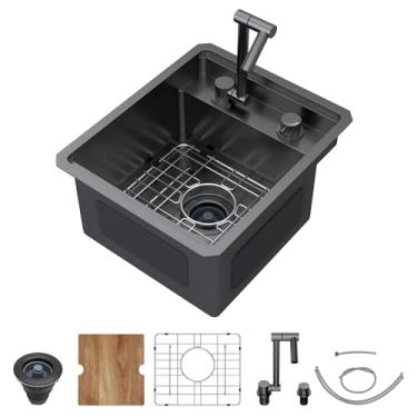 Imagem de Talllor Pia de cozinha RV - Pia de barra de montagem inferior de 38 x 45 x 23 cm com torneira, estação de trabalho, preto 16 calibres, tigela única, pia molhada pequena para trailer, barco, bar e