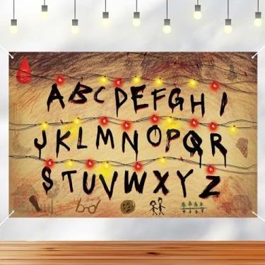 Imagem de Luzes Cordão Alphabet Fundo, 150x100cm Letra Retrô Banner Fundo Parete Vintage para Festa Aniversário Halloween Decoração Sala Decoração Rústica Casa Acessórios Cabine Fotográfica