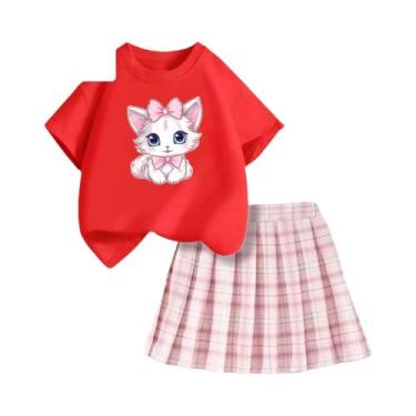 Imagem de Conjunto De Verão Para Meninas: Camiseta Rosa Com Laço E Saia Xadrez, 