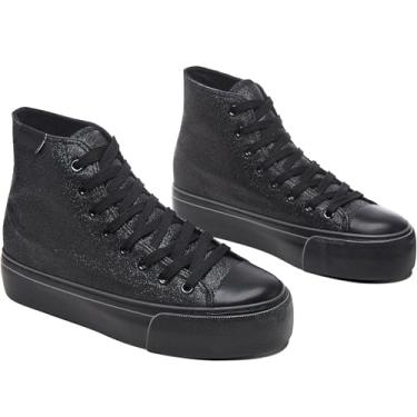 Imagem de ALTOCIS Tênis feminino de cano alto com glitter, plataforma de cano médio, com lantejoulas brilhantes, lindos e brilhantes, plataforma, sapatos de caminhada, Todo preto com glitter, 36