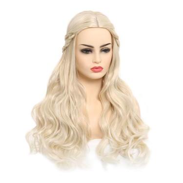 Imagem de Peruca de cosplay genérica, loira longa e ondulada com faixa trançada 