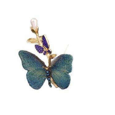 Imagem de Alfinete de broche vintage em tecido azul borboleta, asas, pérola sint