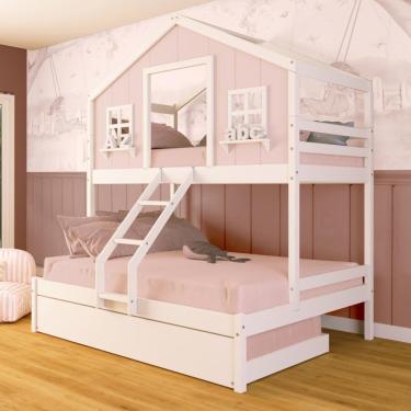 Imagem de Treliche Casal/Solteiro Casinha Dos Sonhos Madeira Maciça Rosa/ Branco Megamobilia