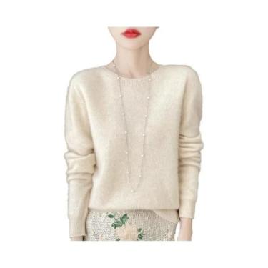 Imagem de Pulôver Feminino 100% Lã Merino Cashmere Com Gola Redonda E Manga Long