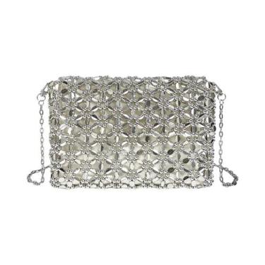 Imagem de Bolsa Transversal Pequena Quadrada Prateada Brilhante Com Contas Tecid