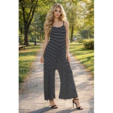 Imagem de Macacão Alcinha Pantalona Com Bolso - modanascimento, Listrado, Preto,