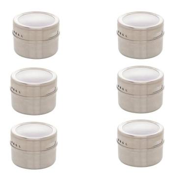 Imagem de Kit 6 Porta Tempero Aço Inox Imantado 6,5CM Tampa Acrílico - Lyor