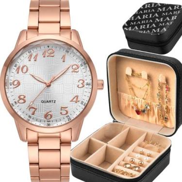 Imagem de Relogio Feminino Aco Banhado + Colar Pulseira + Porta Joia dourado cas