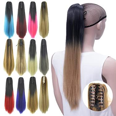 Imagem de IMISSU Clipe reto em extensões de peruca Clipe de rabo de cavalo Garra Ombre Pedaços de cabelo de rabo de cavalo (Ombre Cobre)