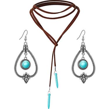 Imagem de Colar Bohemian com pingente de turquesa e gargantilha de camurça comprida com brincos vintage turquesa para mulheres