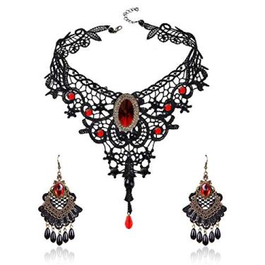Imagem de Qrettie Conjunto de brincos de colar gargantilha para Halloween punk steampunk festa à fantasia feminina gótico preto colar vintage lolita gargantilha vitoriana Halloween pingente vampiro (vermelho)