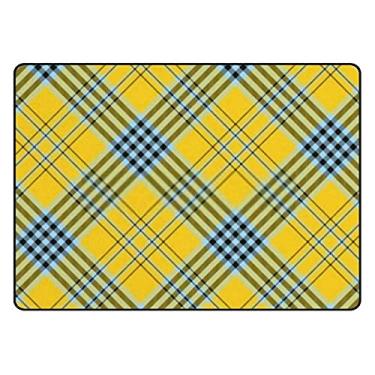 Imagem de ColourLife Tapetes leves e macios, xadrez, listras azuis, pretas, em amarelo, tapete para crianças, sala de jogos, piso de madeira, sala de estar, 183 x 122 cm