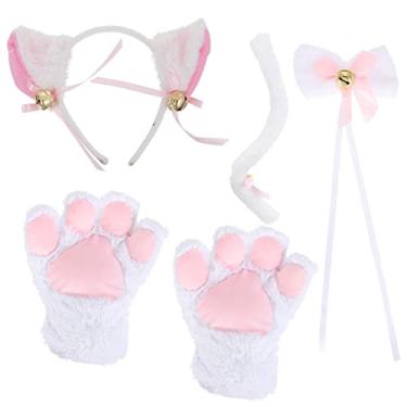 Imagem de Lindo gato Cosplay Gato Lolita Anime Orelha de Gato Prendedores de Orelhas de Gato, Tiara de Rabo, Pata, Conjunto de Gravata para Femininas, Pacote com 5, Branco