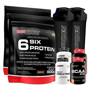 Imagem de Kit 2x Six Protein Chocolate 900g + 2x BCAA Tangerina 100g + 2x Power Creatina Tangerina 100g +2x Coqueteleira - Bodybuilders
