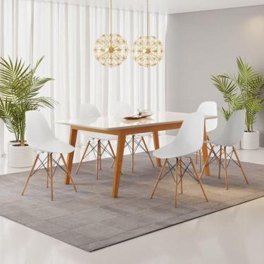 Imagem de Conjunto Mesa de Jantar Madeira Maciça Retangular com 6 Cadeiras Eames Branco/Cinamomo