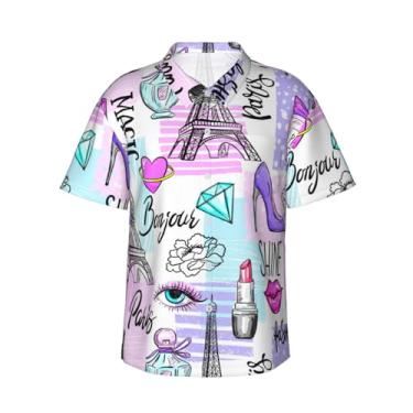 Imagem de Xiso Ver Camisa havaiana masculina manga curta casual camisa de praia casual de botão para festa de verão na praia, Torre Eiffel e corações, 3G