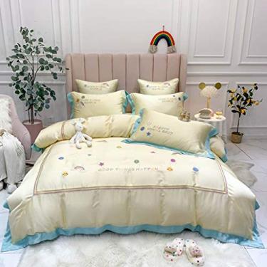 Imagem de Jogo de cama de verão Ice Silk Bedding 4 peças king size imitação de seda bordada, lençol de cama confortável (amarelo 1,5 m)