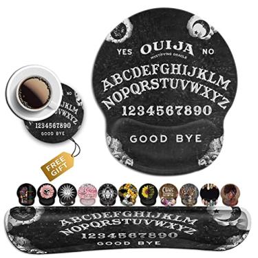 Imagem de Mouse pad preto com borda costurada, base de borracha antiderrapante, padrão de bruxa Ouija, mousepad com protetor de pulso e protetor de pulso para teclado, acessórios de escritório, decoração de