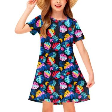 Imagem de Deerose Vestidos de Páscoa para meninas manga curta verão vestido camiseta tropical 5-14 anos, Dégradé de folha, 13-14 Anos