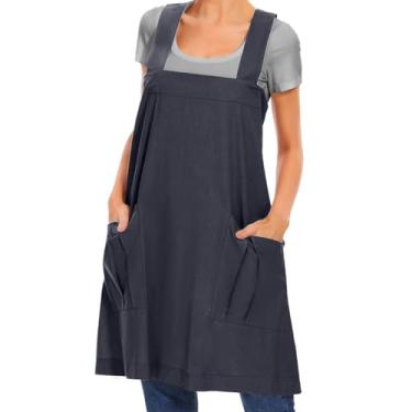 Imagem de Avental feminino de algodão cruzado nas costas vestido casual com bolsos grandes avental quadrado solto para assar, cozinhar, jardinagem, Cinza escuro, G