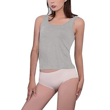 Imagem de Regatas femininas com sutiã embutido acolchoado básico sólido camiseta verão casual ioga atlética elástica conforto cam-i, Cinza, GG