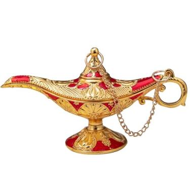 Imagem de Lâmpada vintage Legend Aladdin Magic Genie Wishing Light, Queimador de incenso esculpido em metal para decoração de mesa de casa, festa, aniversário, Halloween, Natal, festa de casamento(P,Vermelho