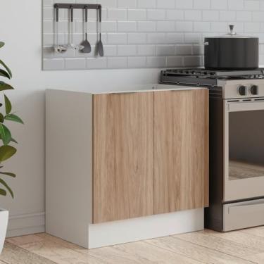 Imagem de Balcão 2 Portas 80cm sem Tampo com Rodapé Puxador 150mm Ipanema Cabecasa Madeiramadeira Acácia/Branco