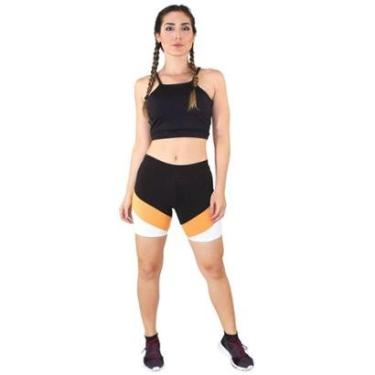 Imagem de Conjunto Fitness Cropped + Shorts Com Faixas - Com Branco e Amarelo-Feminino