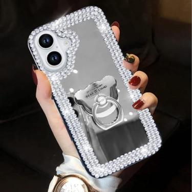 Imagem de LUVI Capa espelhada compatível com iPhone 16 com anel, lindo suporte de strass de diamante, suporte de dedo, suporte, capa moderna de luxo para mulheres e meninas, prata