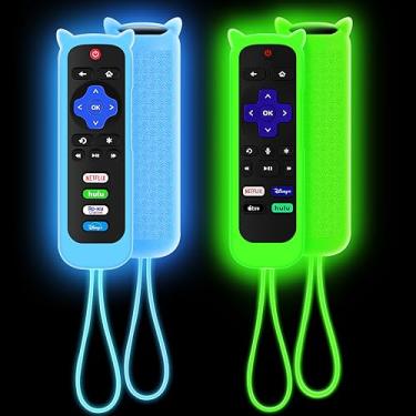 Imagem de Pacote com 2 capas para controle remoto Roku, capa para Hisense/TCL Roku TV Steaming Stick/Express, capa protetora de silicone, capa de substituição universal que brilha no escuro verde azul