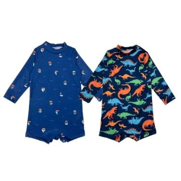 Imagem de Kit 2 Macaquinhos Praia Com Proteção Uv Infantil Verão (Padrão, Barcos Marinho M77 + Dino Color Fundo Marinho M76, M(6 À 9 MESES))
